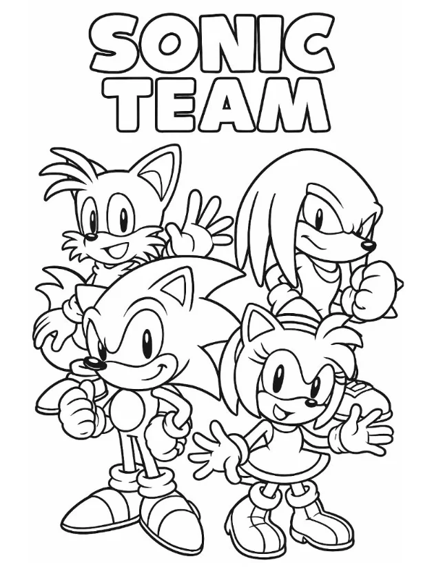 Sonic the Hedgehog Coloring Pages - Free Printable for Kids & Adults Sonic with his team, including Knuckles, Tails, and Amy Rose