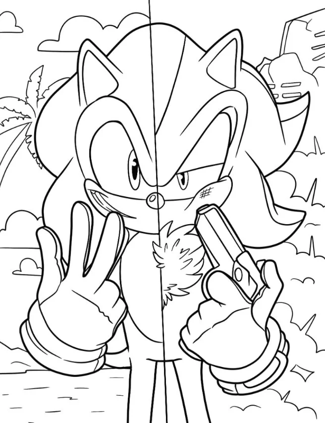 Sonic and Shadow Coloring Pages - Free Printable for Kids & Adults This is a half Sonic, half Shadow coloring page, both in their fight mode.
