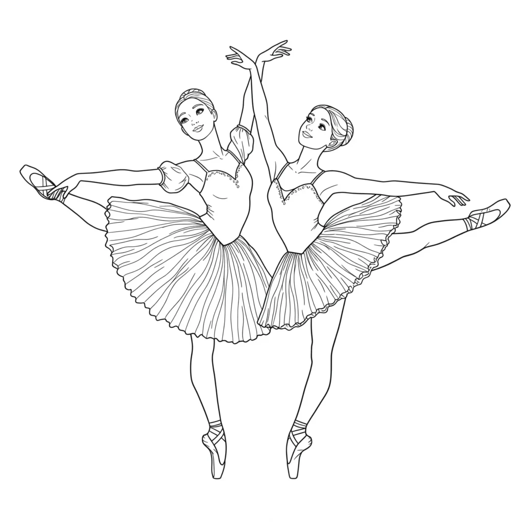 20 Ausmalbilder Ballerina (Gratis Malvorlage zum Ausdrucken) Ausmalbild von zwei Ballerinas, die zusammen im Ballettstudio trainieren – detailreiche Malvorlage zum Ausdrucken und Ausmalen