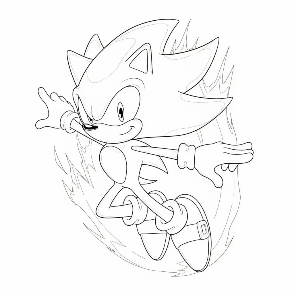 14 Super Sonic Ausmalbilder (Gratis Vorlagen zum Ausdrucken) Action Super Sonic Ausmalbild für Kinder als PDF zum Ausdrucken in dynamischer Flugpose