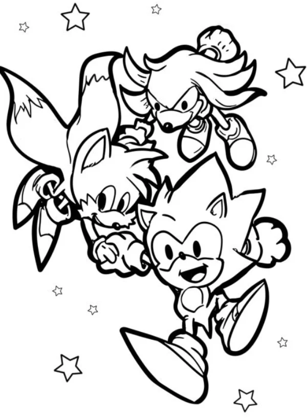 Sonic, Tails, and Knuckles coloring pages – Free Printable for Kids & Adults all three of them jumping down together with a smile