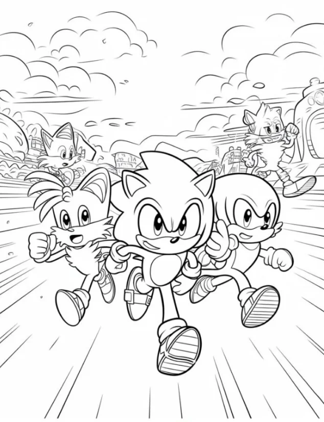 Sonic, Tails, and Knuckles coloring pages – Free Printable for Kids & Adults all three of them racing with one another