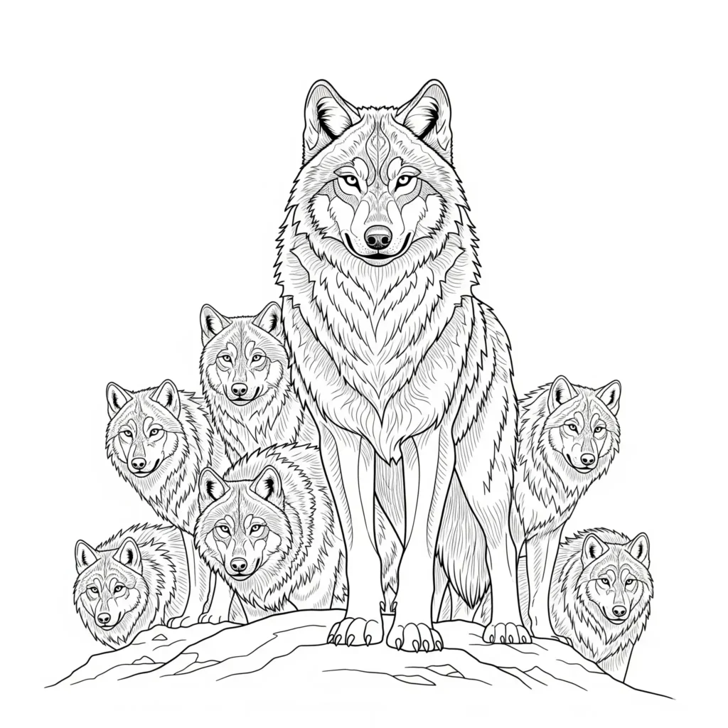 Wolf Ausmalbilder (Kostenlos Malvorlage zum Ausdrucken) Ausmalbild des Alpha Wolfs im Rudel, ideal zum Ausdrucken und Ausmalen für Kinder und Wolfsfreunde