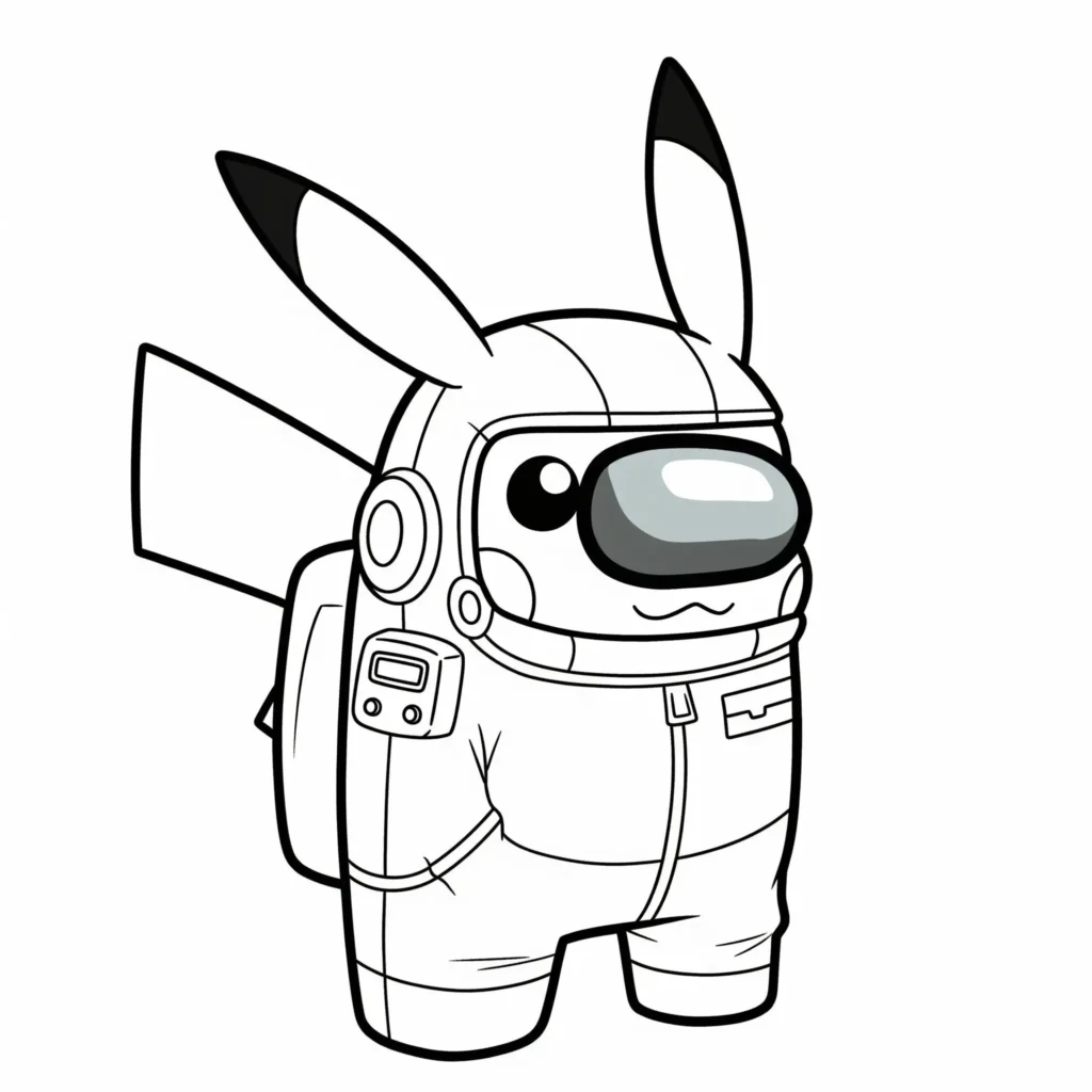 30 Pikachu Ausmalbilder (Gratis Pokémon Malvorlage zum drucken) Malvorlage von Pikachu im Among-Us-Anzug mit süßem Gesichtsausdruck – kreatives Ausmalbild für Kinder und Fans von Crossover-Charakteren.