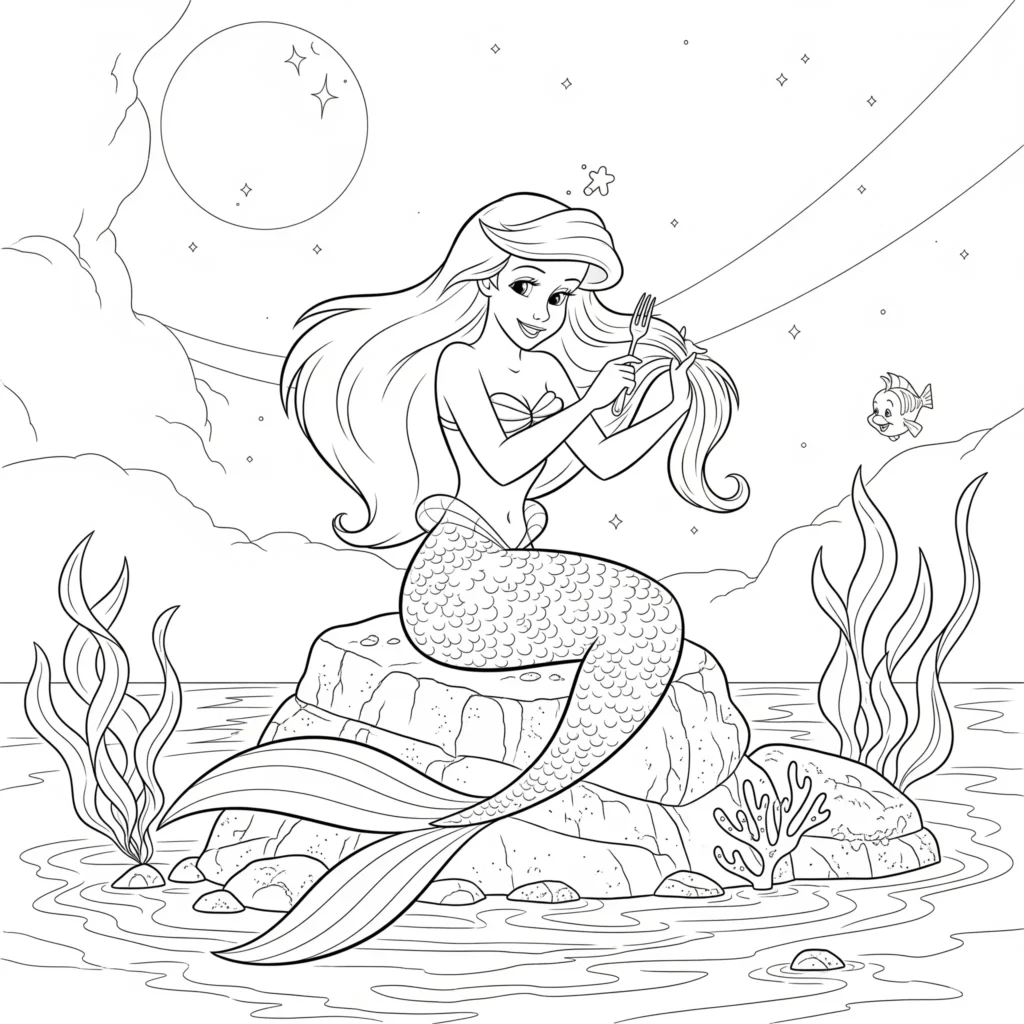 Dieses Arielle auf Felsen am Meer Ausmalbild zeigt die Meerjungfrau, wie sie träumerisch auf das Wasser blickt. Ideal zum Ausdrucken für Kinder.