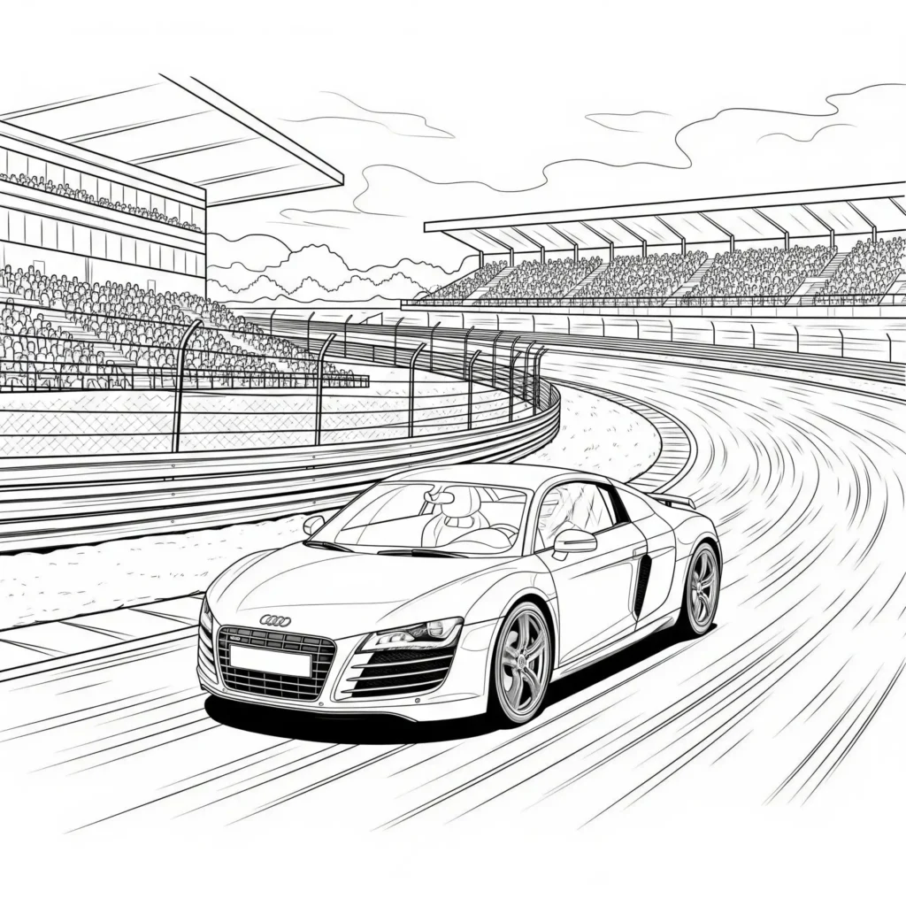 12 Audi Ausmalbilder (Kostenlose Auto Malvorlage zum drucken) Audi R8 Rennauto Ausmalbild mit Rennstrecke zum Ausdrucken und Ausmalen, ideal für Kinder.