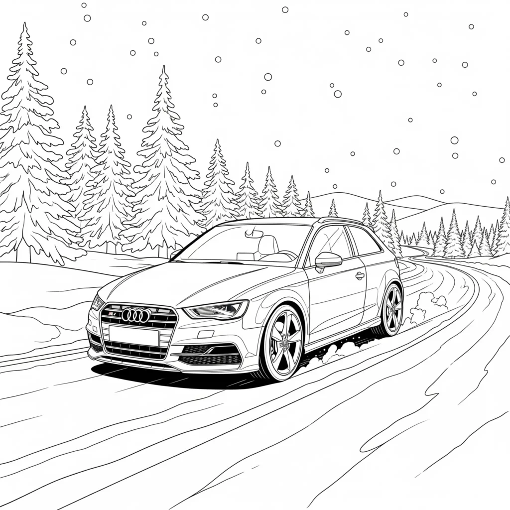 12 Audi Ausmalbilder (Kostenlose Auto Malvorlage zum drucken) Audi S3 Ausmalbild mit verschneitem Wald zum Ausdrucken, perfekt für Kinder zum Ausmalen und Winterfans.