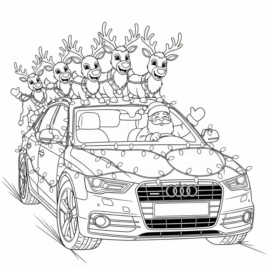 12 Audi Ausmalbilder (Kostenlose Auto Malvorlage zum drucken) Audi Sportwagen Ausmalbild mit Weihnachtsmann und Weihnachtsmotiven zum Ausdrucken und Ausmalen für Kinder.