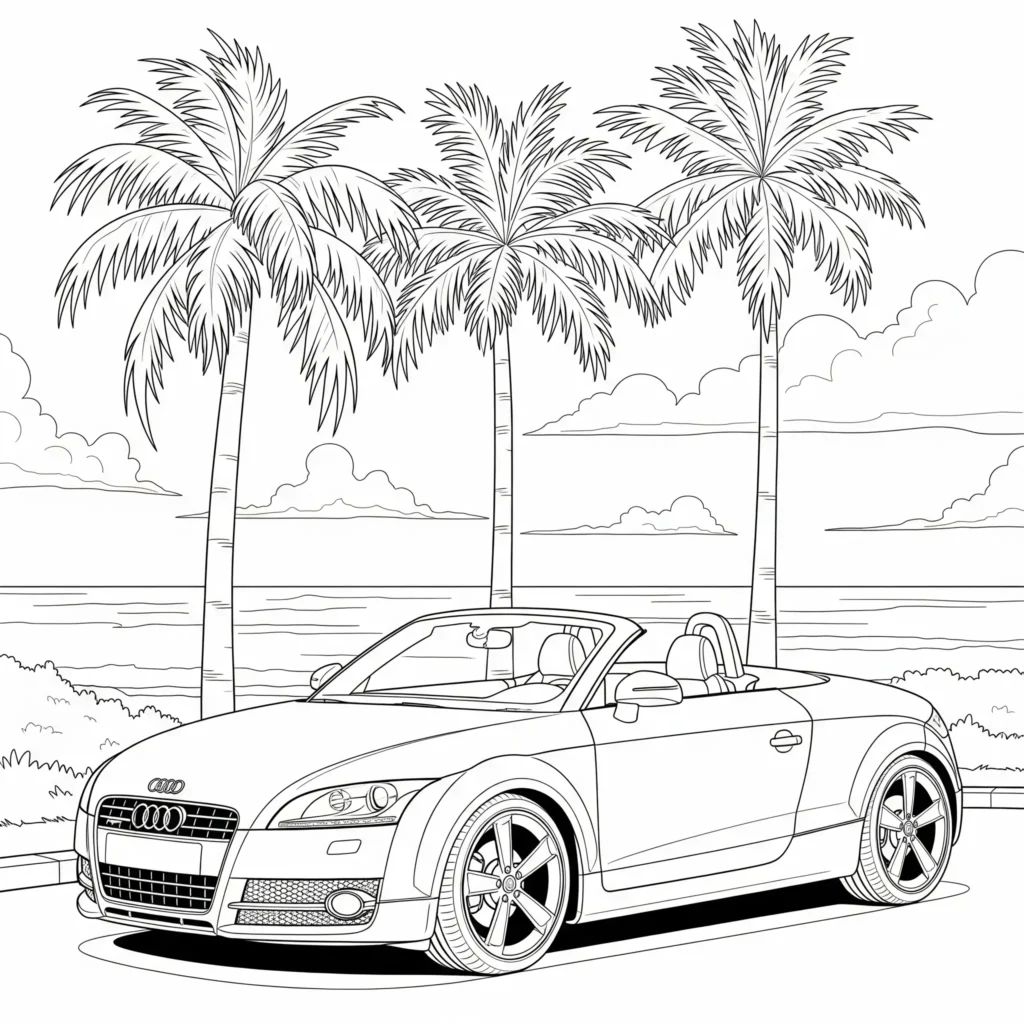 12 Audi Ausmalbilder (Kostenlose Auto Malvorlage zum drucken) Audi TT Cabrio Ausmalbild am Strand zum Ausdrucken, ideal für Kinder zum Ausmalen und Sommerspaß.