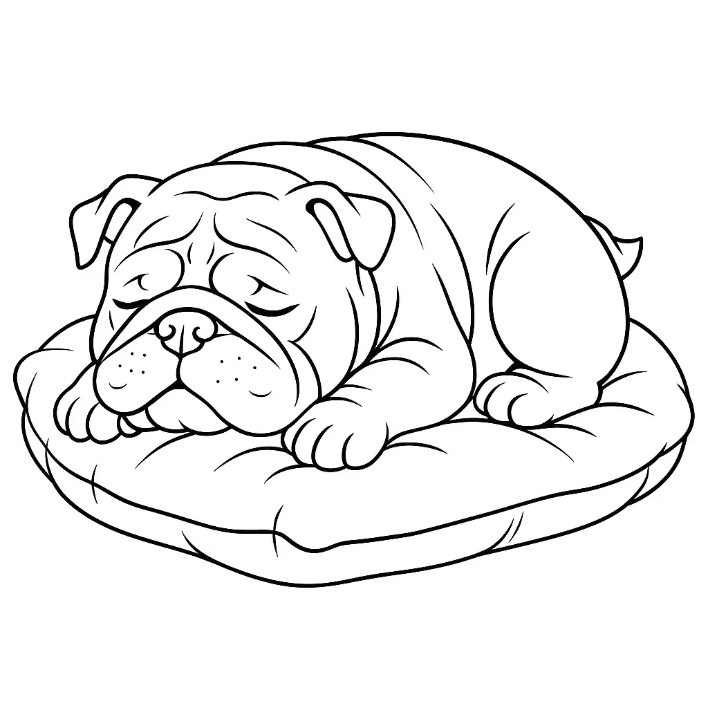 Ausmalbild mit Bulldogge, die auf einem weichen Kissen schläft, zusammengerollt und entspannt