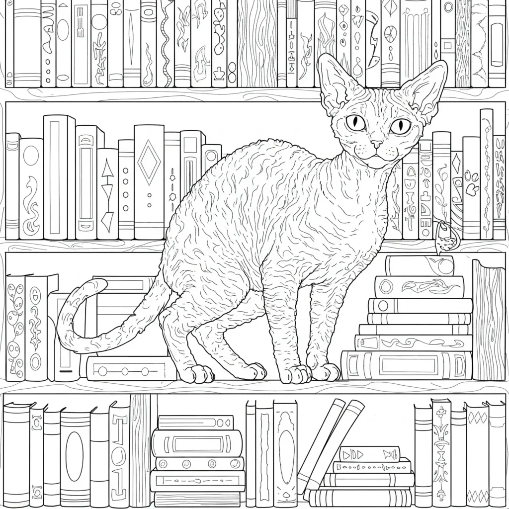 Ausmalbild einer Devon Rex Katze mit lockigem Fell, die auf einem Bücherregal sitzt