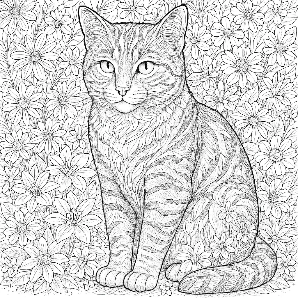 Ausmalbild einer sitzenden Frühlingskatze mit offenen Augen inmitten vieler Blumen