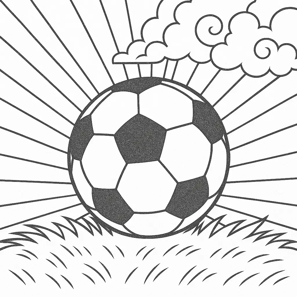 36 Ausmalbilder Fussball (Gratis Fußball Malvorlage drucken) Ausmalbild Fussball– Fußball liegt auf einer Wiese, mit stilisierten Sonnenstrahlen und Wolken im Hintergrund.