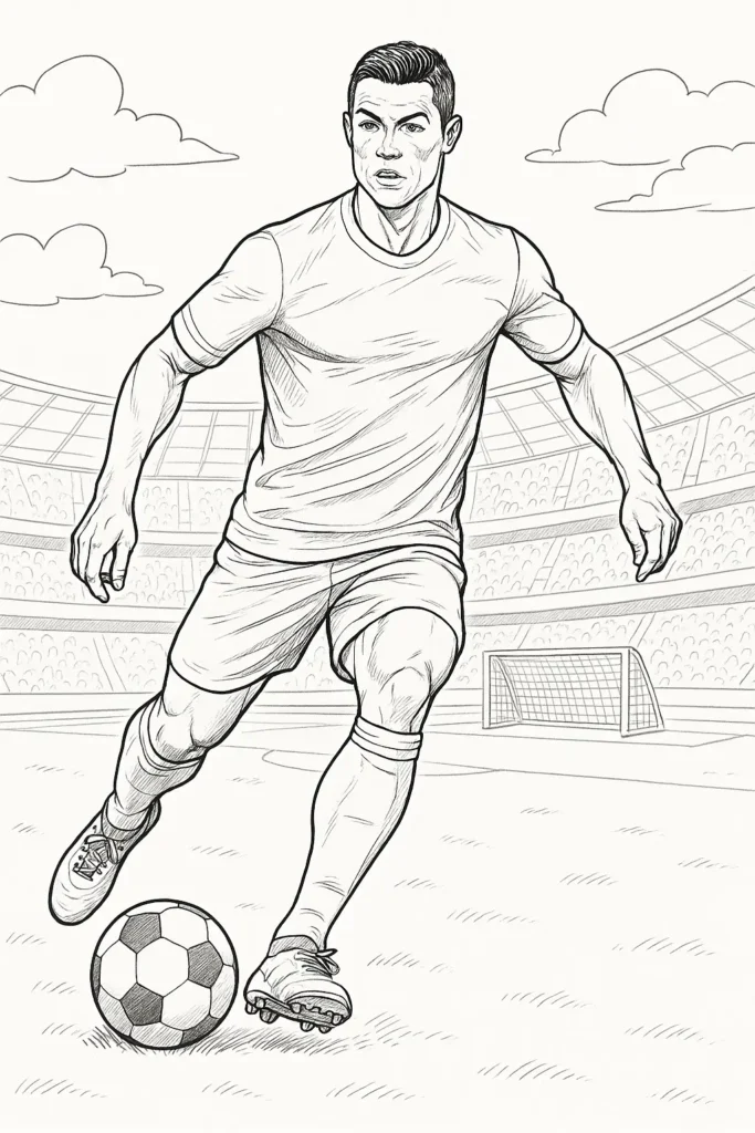36 Ausmalbilder Fussball (Gratis Fußball Malvorlage drucken) Ausmalbild Cristiano Ronaldo im Stadion beim Dribbling mit Ball, fokussierter Blick, dynamische Körperhaltung, detaillierte Zeichnung.