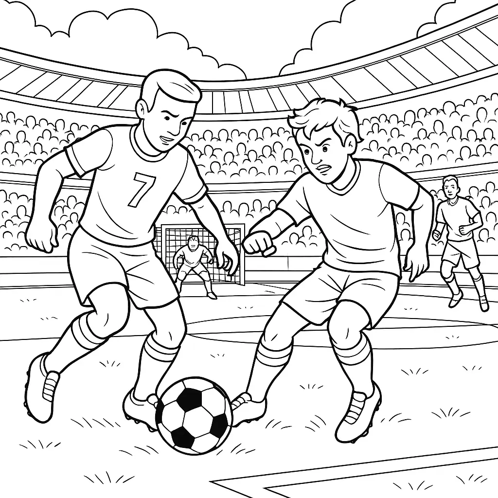 36 Ausmalbilder Fussball (Gratis Fußball Malvorlage drucken) Ausmalbild Fußballspiel im Stadion mit mehreren Spielern im Zweikampf, Torwart vor dem Tor, Zuschauer auf den Tribünen.
