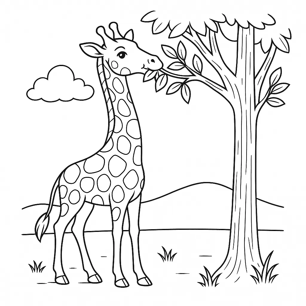20 Giraffe Ausmalbilder (Kostenlose Malvorlage zum Ausdrucken) Ausmalbild Giraffe frisst Blätter von einem hohen Baum zum Ausdrucken