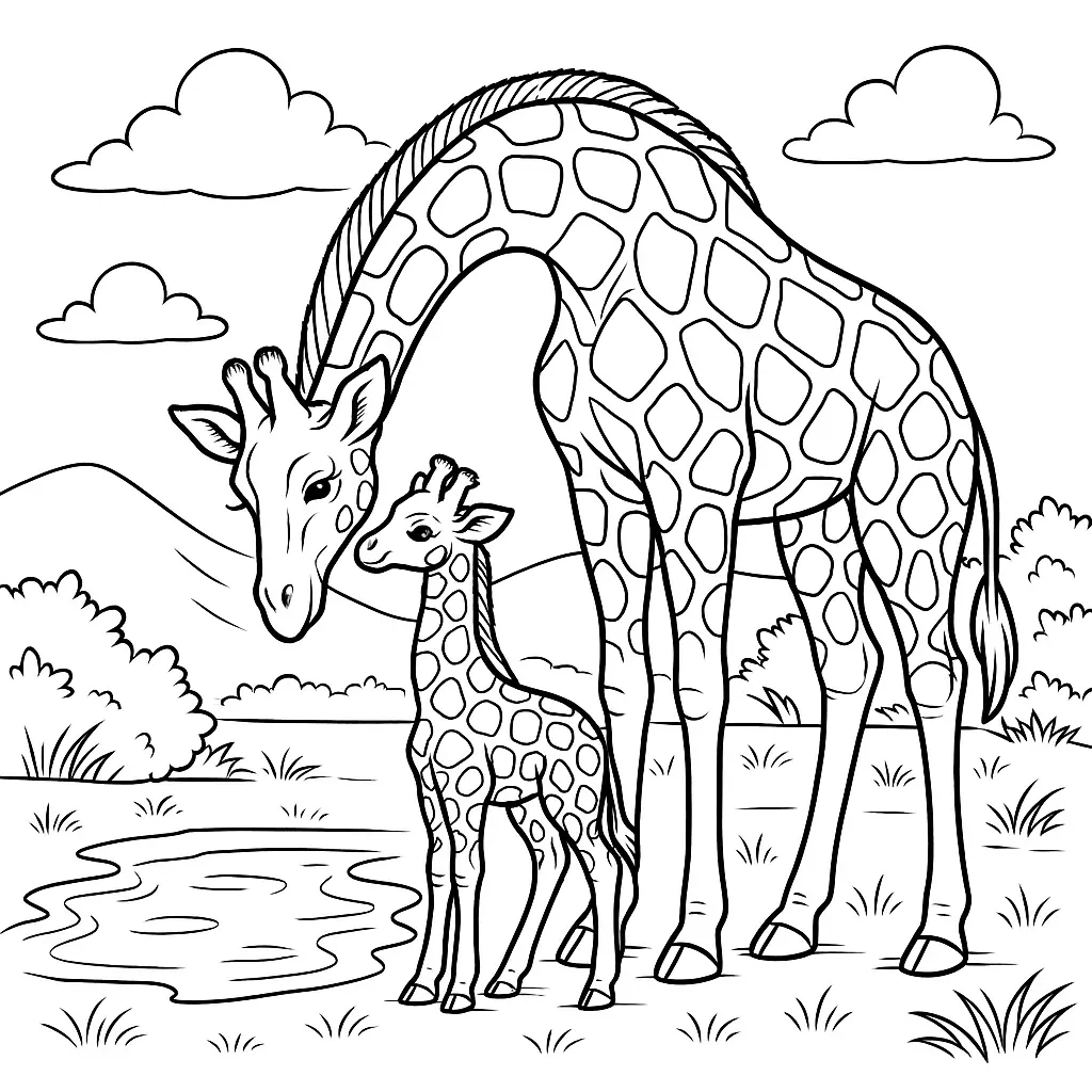 20 Giraffe Ausmalbilder (Kostenlose Malvorlage zum Ausdrucken) Giraffe Ausmalbild mit Baby – stehende Giraffe mit ihrem Jungtier in der Natur