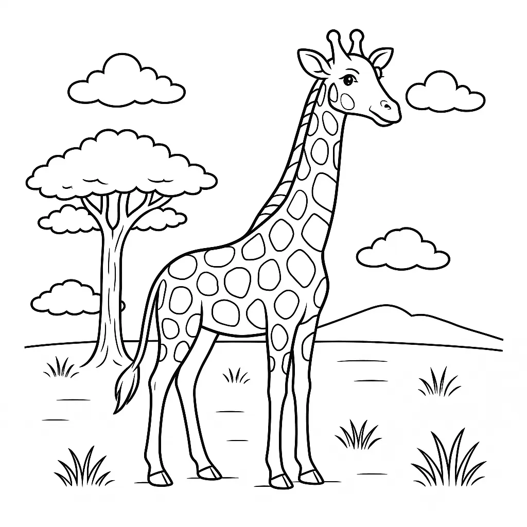 20 Giraffe Ausmalbilder (Kostenlose Malvorlage zum Ausdrucken) Giraffe Ausmalbild zum Ausdrucken – stehende Giraffe in Landschaft