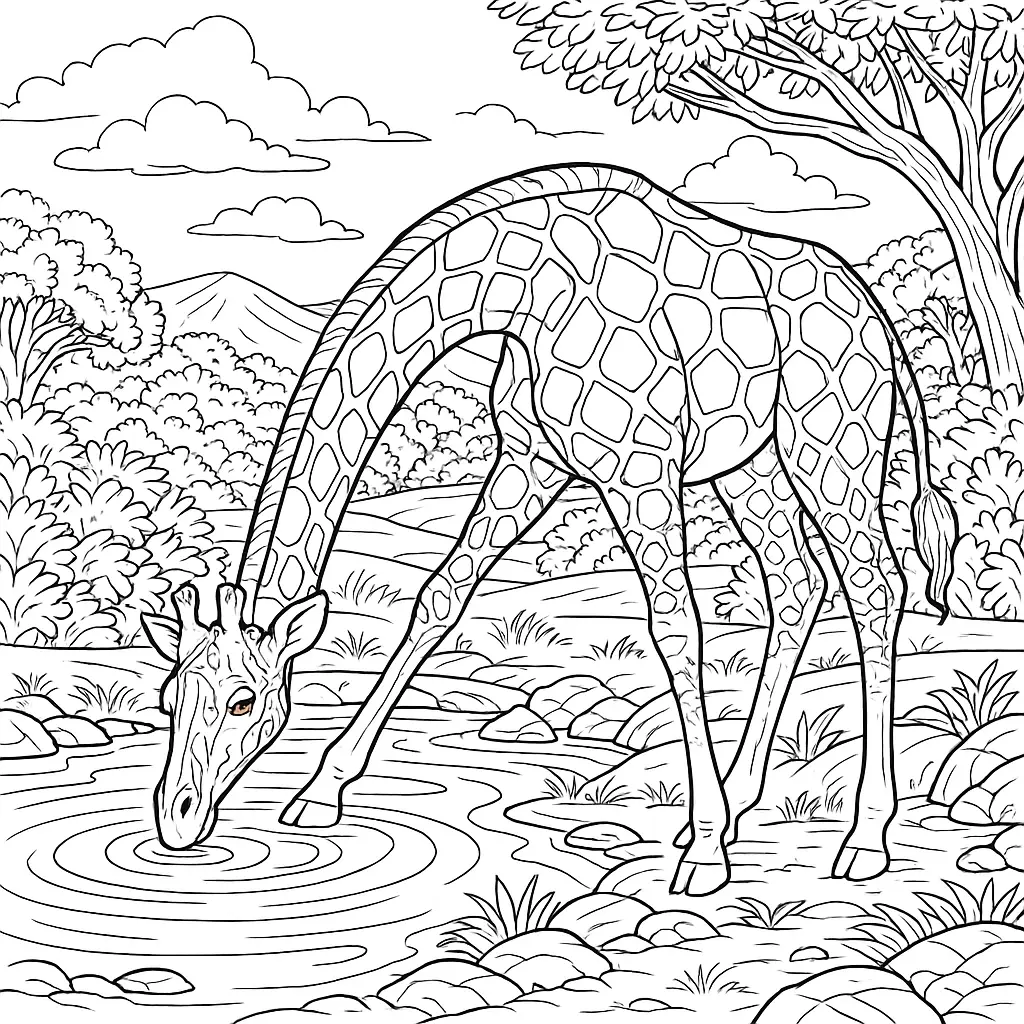 20 Giraffe Ausmalbilder (Kostenlose Malvorlage zum Ausdrucken) Ausmalbild – Giraffe beugt sich zum Trinken an einem Teich in der Natur