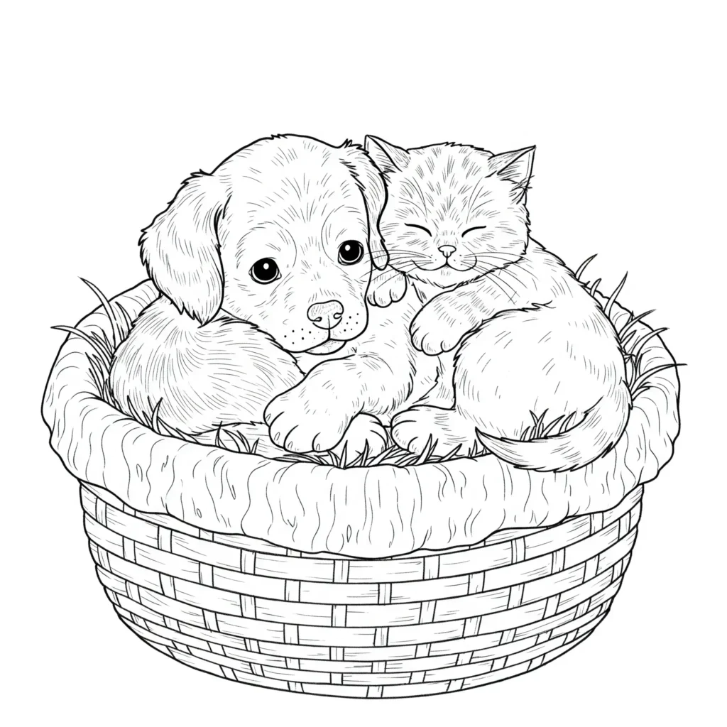 Ausmalbilder Welpen (Kostenlose Malvorlage PDF zum drucken) Welpe und kätzchen kuscheln zusammen als ausmalbild für kinder