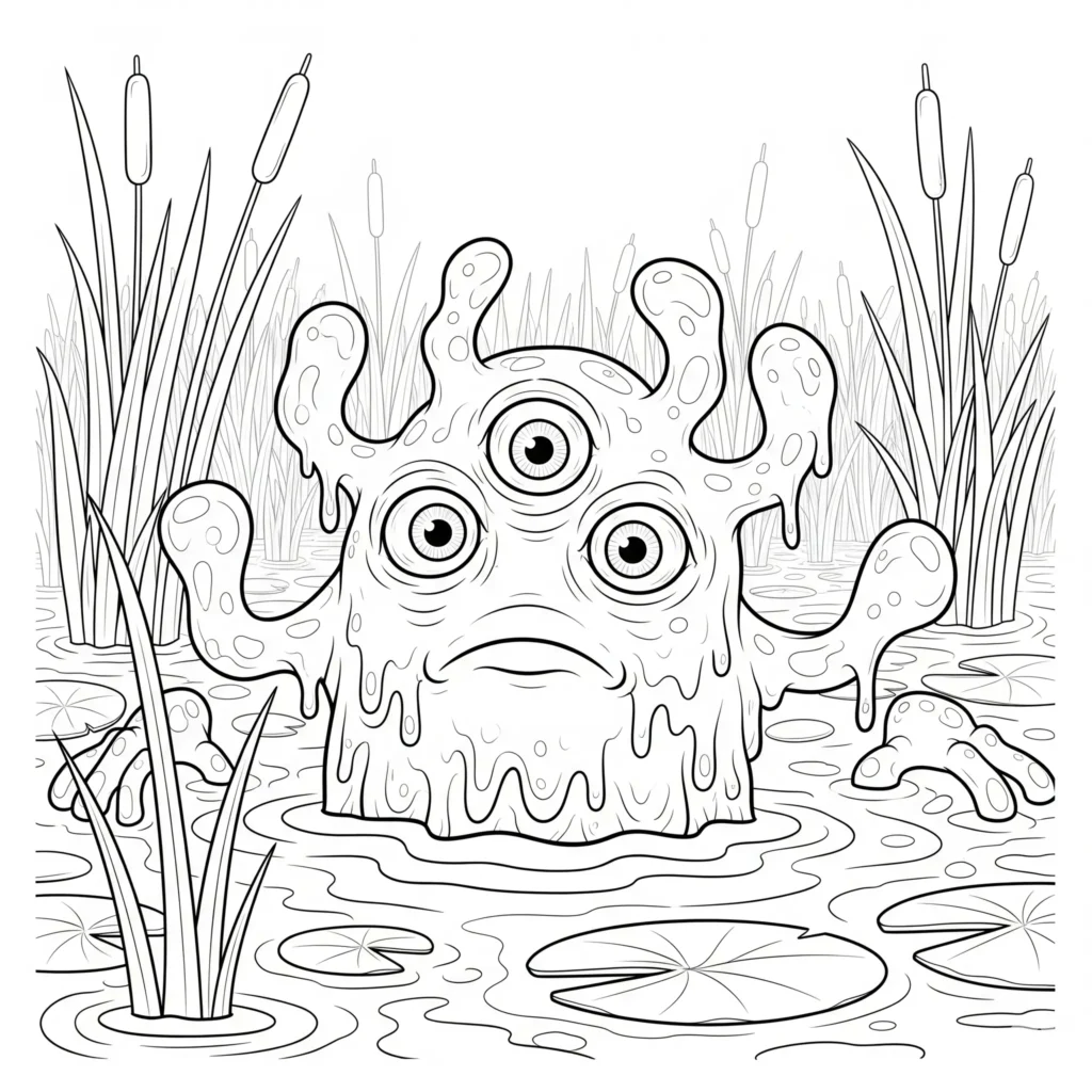 14 Monster Ausmalbilder (Malvorlage für Kinder und Erwachsene) Ausmalbild eines dreiäugigen Sumpfmonsters für Kinder kostenlos zum Ausdrucken und Ausmalen