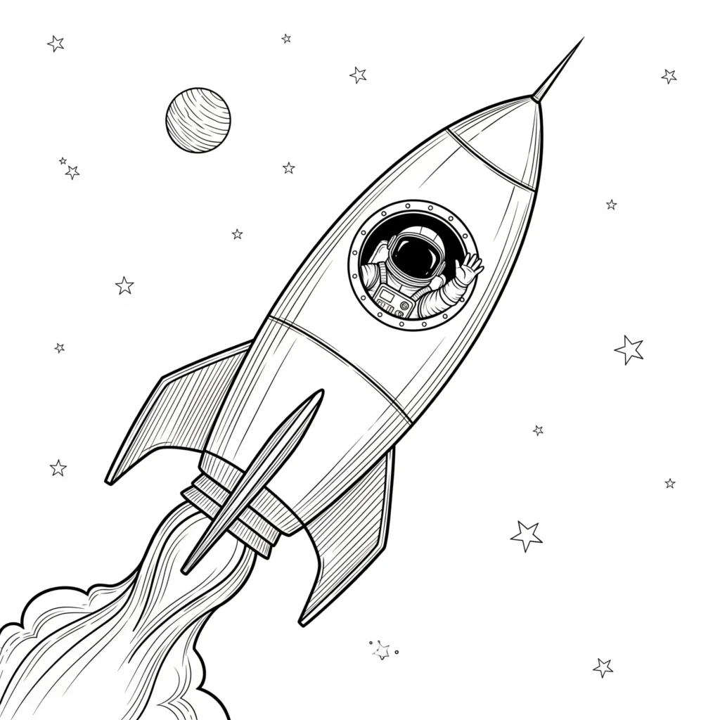 10+ Rakete Ausmalbild (Kostenlos Malvorlage zum Ausdrucken) Ausmalbild einer Rakete mit einem Astronauten, der winkt – ideal für Kinder.