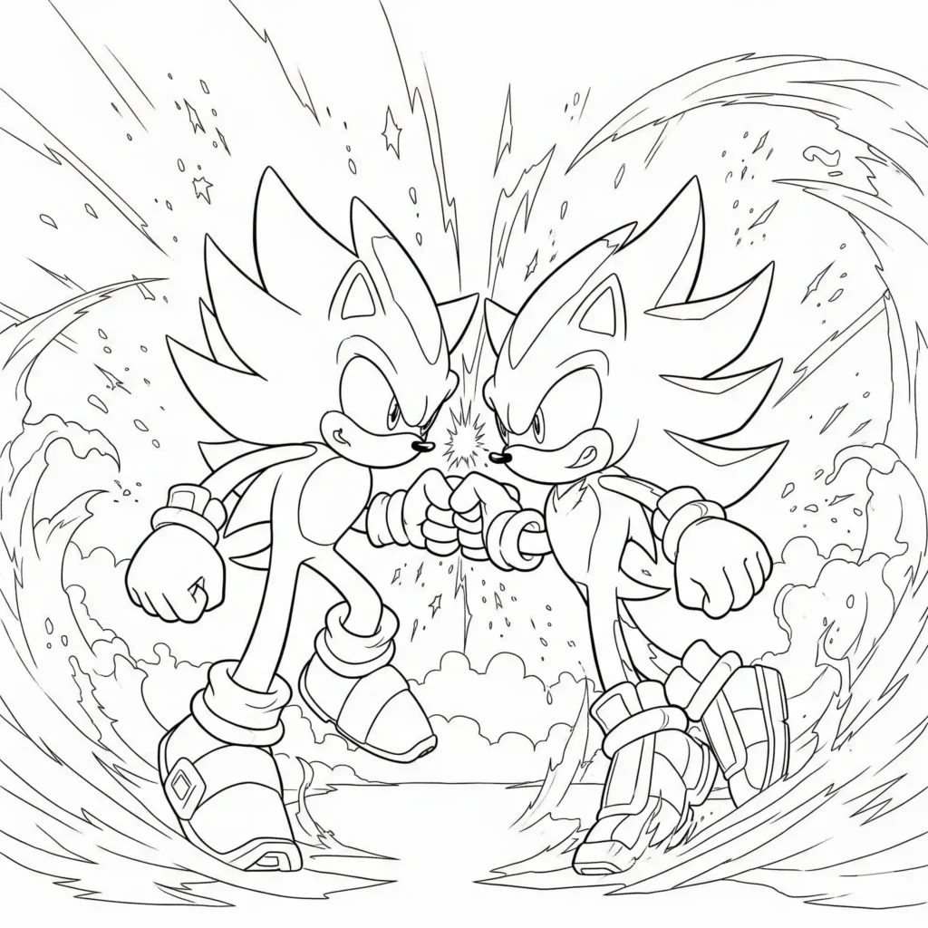 14 Super Sonic Ausmalbilder (Gratis Vorlagen zum Ausdrucken) Ausmalbild Super Sonic im Duell mit Shadow als spannende PDF Malvorlage für Kinder zum Ausdrucken