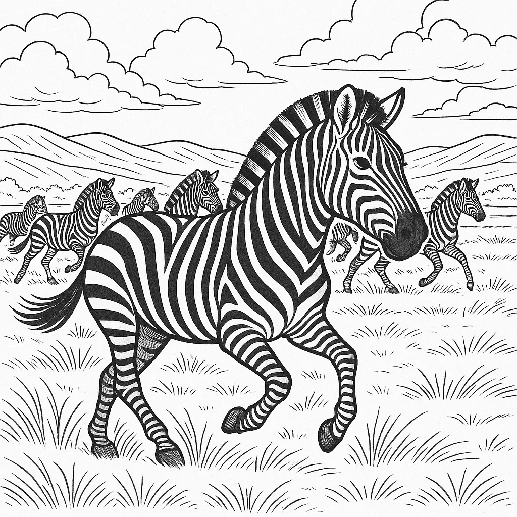 16 Zebra Ausmalbilder (Kostenlos Zebra Malvorlage zum drucken) Ausmalbild Zebra – Zebras rennen gemeinsam über die weite Savanne als PDF zum Ausdrucken