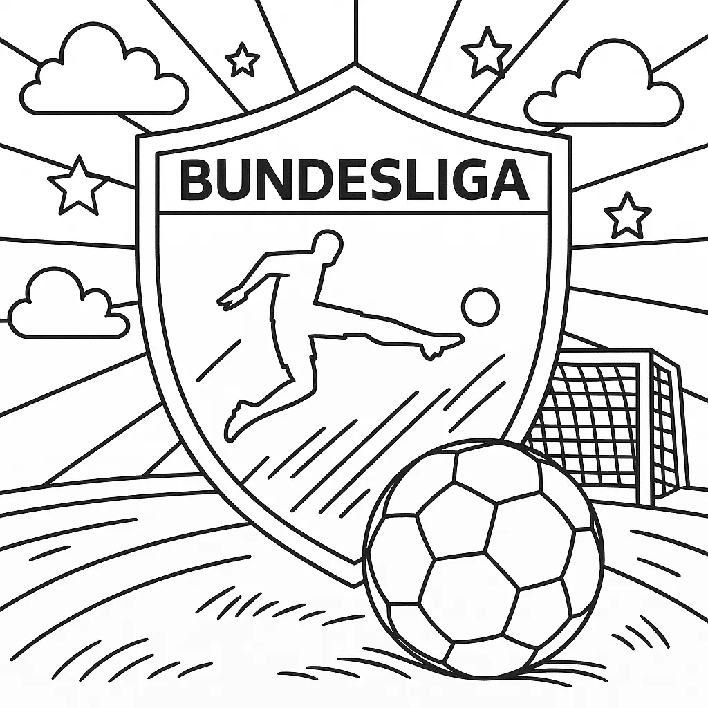 36 Ausmalbilder Fussball (Gratis Fußball Malvorlage drucken) Ausmalbild Bundesliga-Logo mit Fußball, Stadiontor, Sternen und dynamischen Linien im Hintergrund.