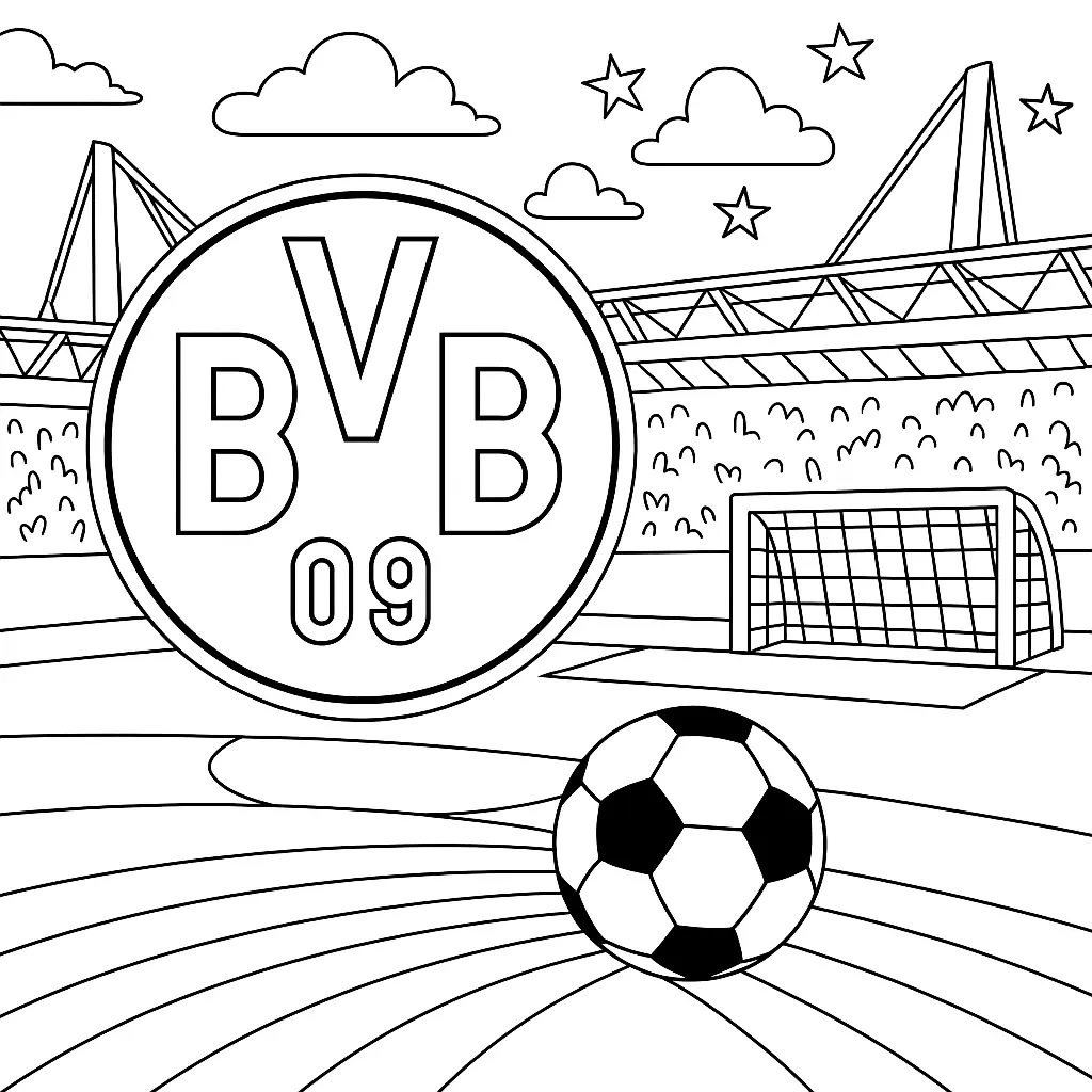 36 Ausmalbilder Fussball (Gratis Fußball Malvorlage drucken) Ausmalbild Borussia Dortmund BVB 09 Logo im Stadion mit Fußball und Tor im Hintergrund.