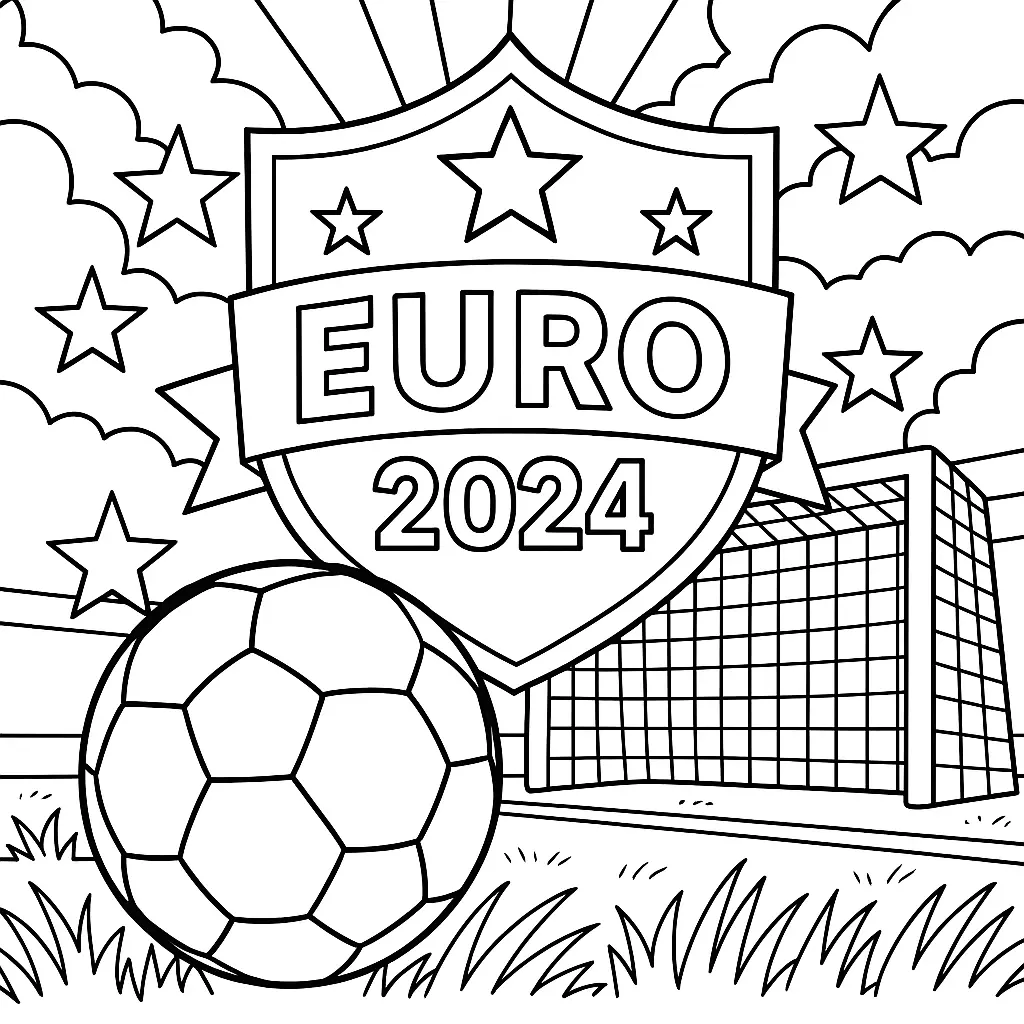 36 Ausmalbilder Fussball (Gratis Fußball Malvorlage drucken) Ausmalbild Fußball-EM 2024 mit Schildwappen, Fußball, Tor und Sterne im Hintergrund.