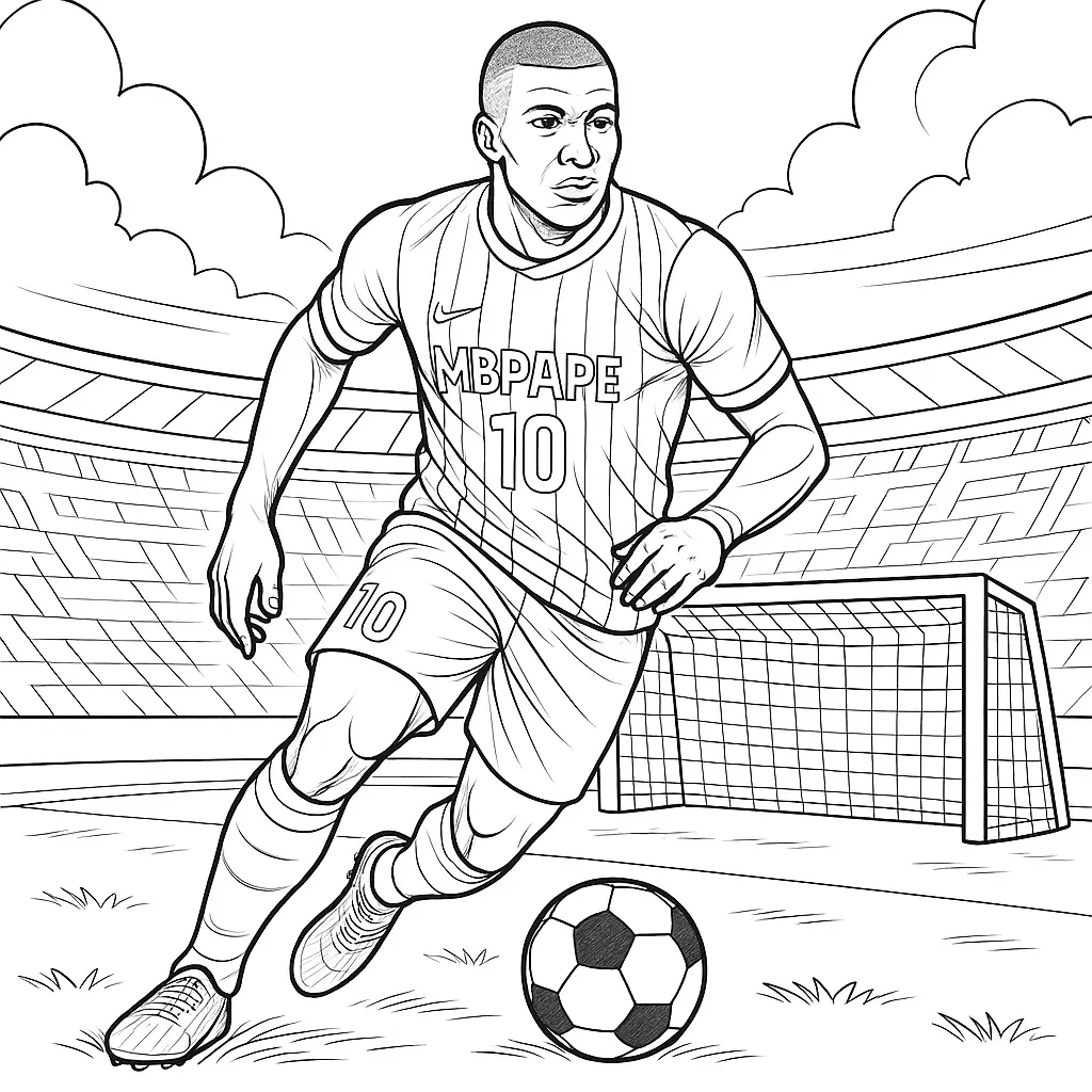 36 Ausmalbilder Fussball (Gratis Fußball Malvorlage drucken) Ausmalbild Kylian Mbappé im Frankreich-Trikot mit Ball am Fuß auf dem Spielfeld, Tor und Stadion im Hintergrund.