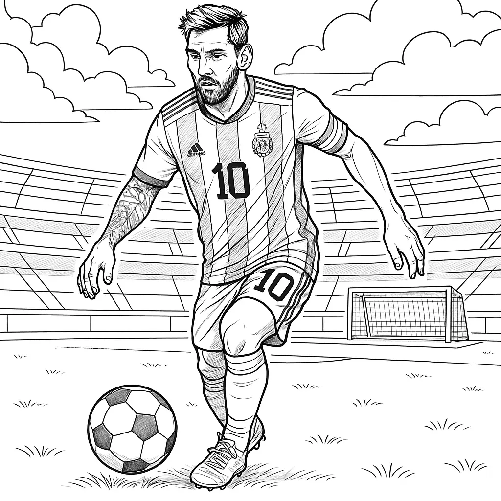 36 Ausmalbilder Fussball (Gratis Fußball Malvorlage drucken) Ausmalbild – Lionel Messi im Argentinien-Trikot mit Ball am Fuß im Stadion, Tor im Hintergrund.