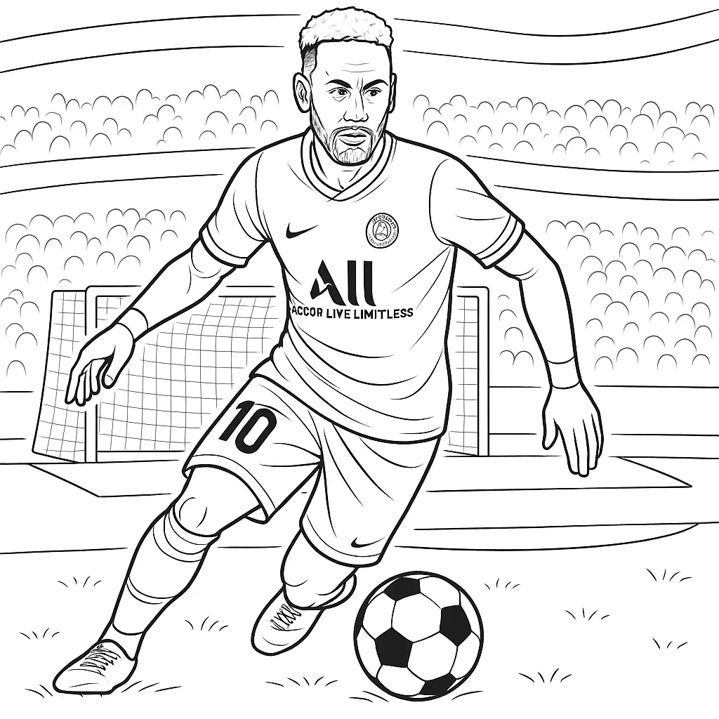 36 Ausmalbilder Fussball (Gratis Fußball Malvorlage drucken) Ausmalbild Neymar im PSG-Trikot beim Dribbling auf dem Fußballfeld mit Ball und Tor im Stadionhintergrund.