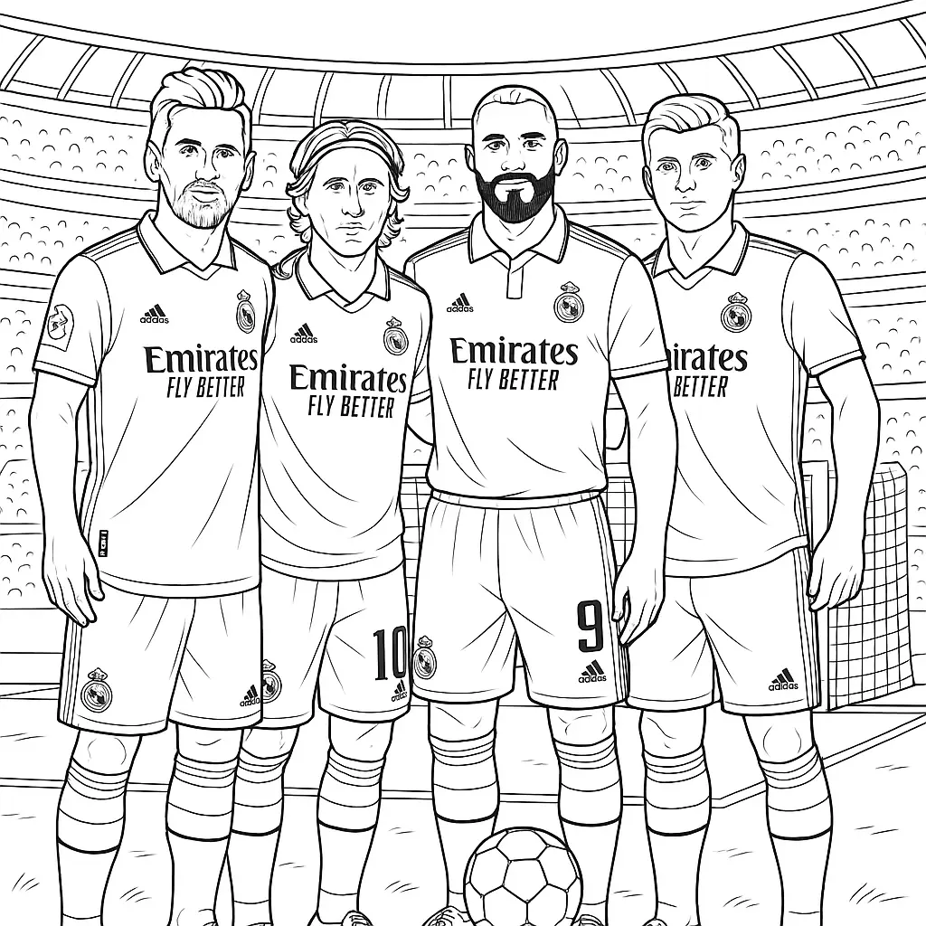 36 Ausmalbilder Fussball (Gratis Fußball Malvorlage drucken) Ausmalbild Vier Real Madrid Spieler stehen gemeinsam im Stadion mit Trikots, Ball und Tor im Hintergrund.