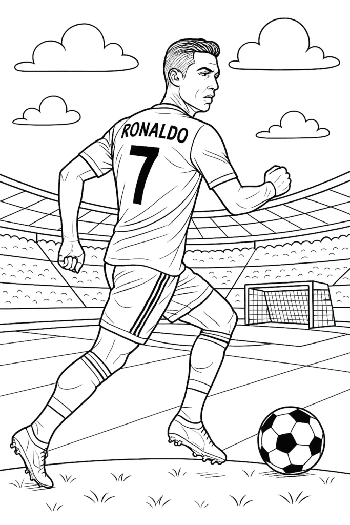 36 Ausmalbilder Fussball (Gratis Fußball Malvorlage drucken) Ausmalbild – Cristiano Ronaldo im Stadion mit Trikot Nummer 7 beim Fußballspiel, Ball vor ihm, Tor im Hintergrund.