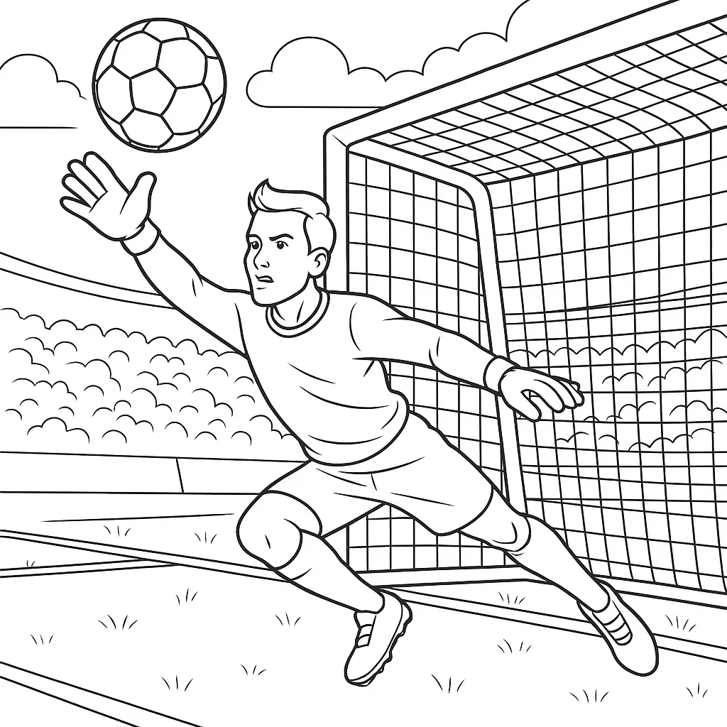 36 Ausmalbilder Fussball (Gratis Fußball Malvorlage drucken) Ausmalbild Fußballtorwart fliegt durch die Luft und hält einen Ball vor dem Tor im Stadion.