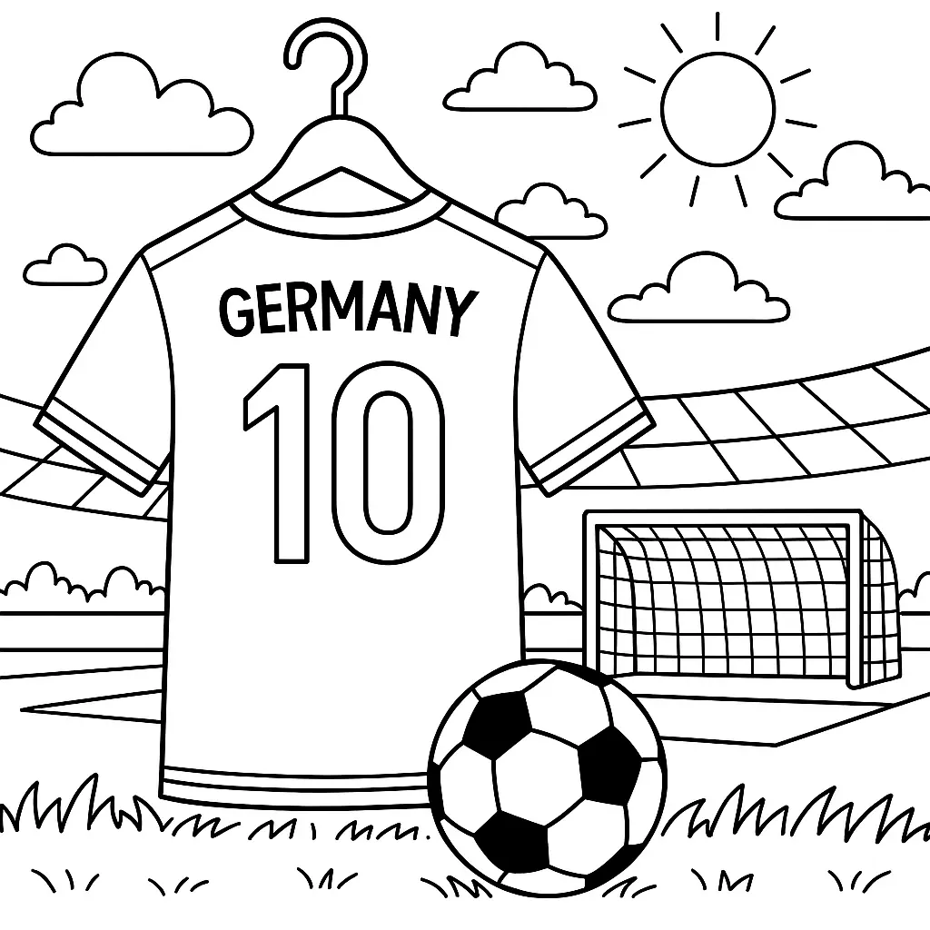 36 Ausmalbilder Fussball (Gratis Fußball Malvorlage drucken) Ausmalbild Deutschland Fußballtrikot mit Nummer 10 auf einem Kleiderbügel, Fußball, Stadion und Tor im Hintergrund