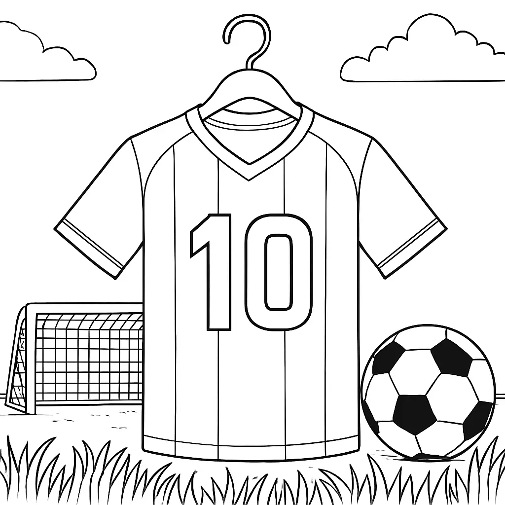 36 Ausmalbilder Fussball (Gratis Fußball Malvorlage drucken) Ausmalbild Fußballtrikot mit Nummer 10 auf einem Bügel, daneben Fußball und Tor im Hintergrund.