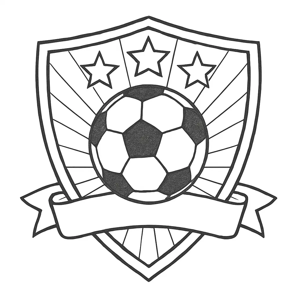 36 Ausmalbilder Fussball (Gratis Fußball Malvorlage drucken) Ausmalbild – Fußball-Wappen mit drei Sternen, Fußball in der Mitte und dekorativem Banner darunter.