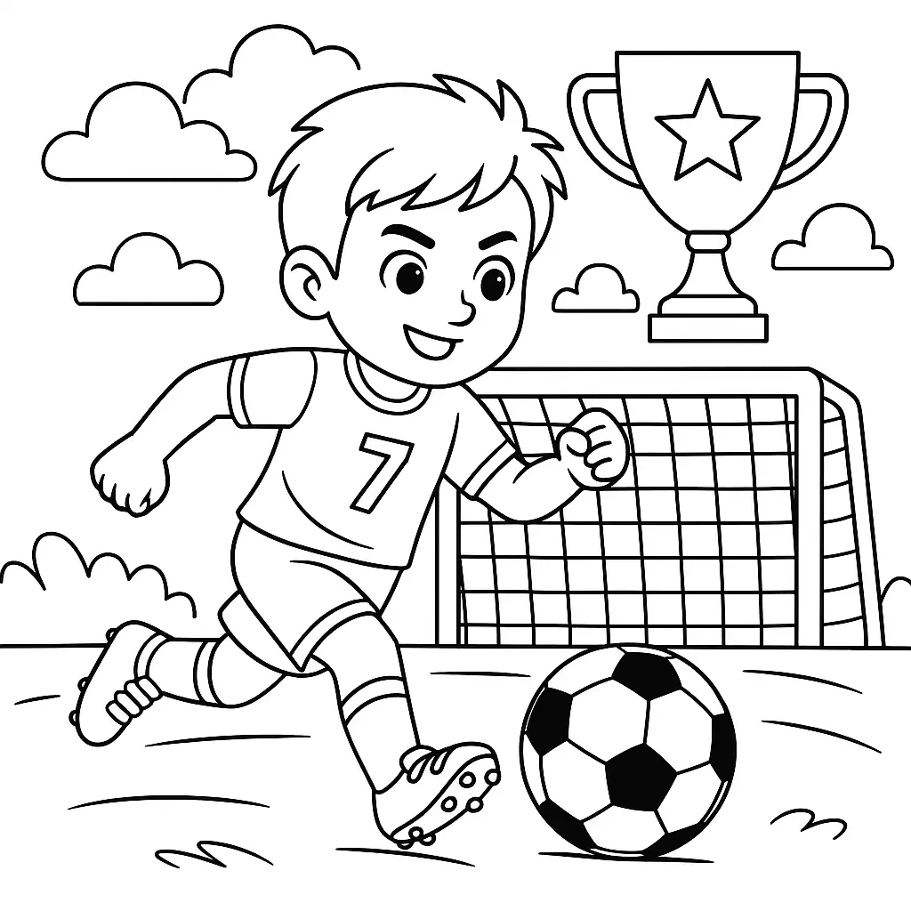 36 Ausmalbilder Fussball (Gratis Fußball Malvorlage drucken) Fussball Ausmalbilder – lachender Junge mit Trikot Nummer 7 beim Kicken vor einem Tor, mit Pokal im Hintergrund.