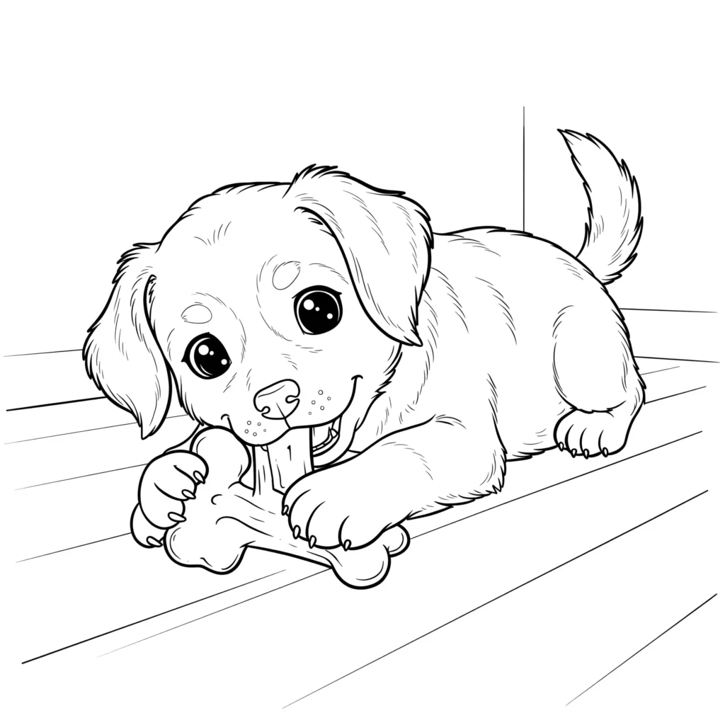 Ausmalbilder Welpen (Kostenlose Malvorlage PDF zum drucken) Fröhlicher hundewelpe kaut auf einem großen knochen als ausmalbild für kinder