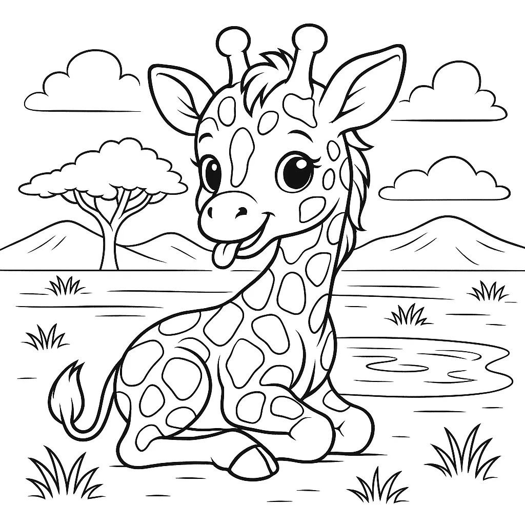 20 Giraffe Ausmalbilder (Kostenlose Malvorlage zum Ausdrucken) Niedliche kleine Giraffe sitzt mit ausgestreckter Zunge – Ausmalbild für Kinder zum Ausdrucken