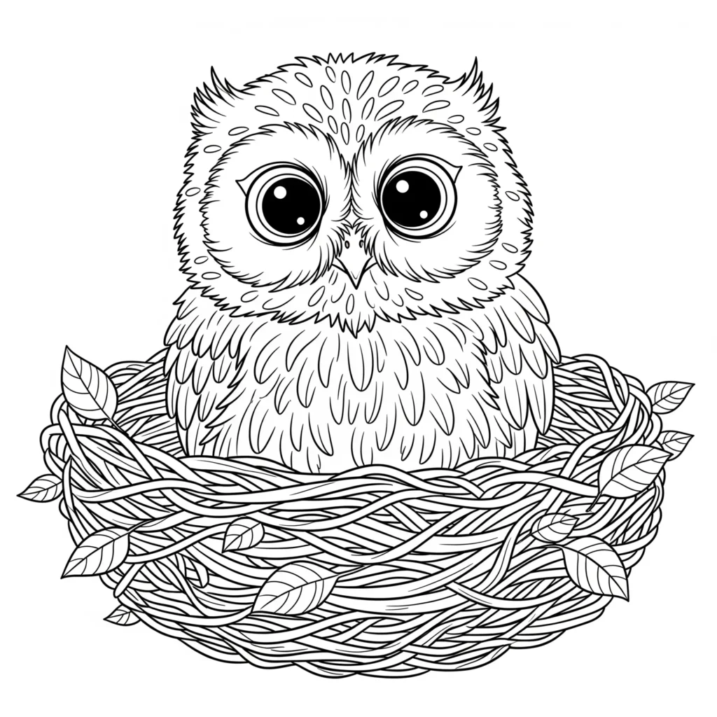 16 Eule Ausmalbilder (Kostenlos Eulen Malvorlage zum drucken) Baby-Eule mit großen Augen als Ausmalbild für Kinder zum Ausdrucken im PDF-Format