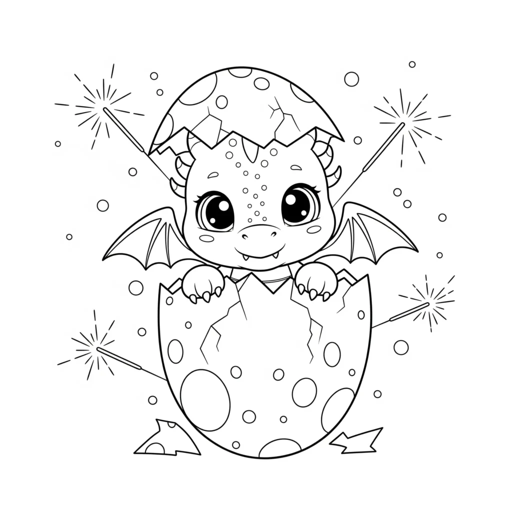 Drache Ausmalbild kostenlos zum Ausdrucken mit Baby Drache der aus dem Ei schlüpft