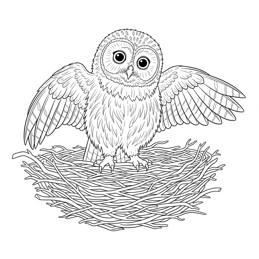 16 Eule Ausmalbilder (Kostenlos Eulen Malvorlage zum drucken) Baby Eule beim Lernen zu fliegen als Ausmalbild für Kinder zum Ausdrucken im PDF-Format