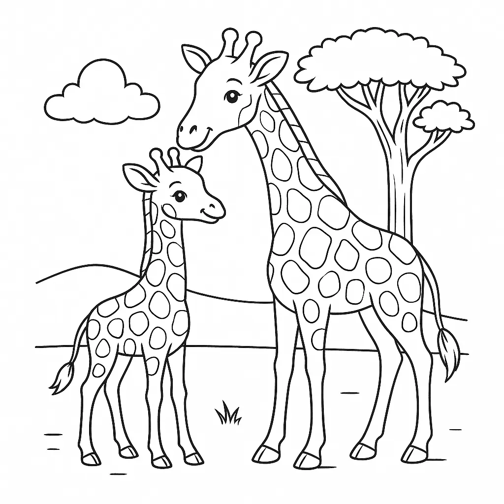 20 Giraffe Ausmalbilder (Kostenlose Malvorlage zum Ausdrucken) Baby Giraffe Ausmalbild – Giraffenbaby steht neben seiner Mutter in der Landschaft