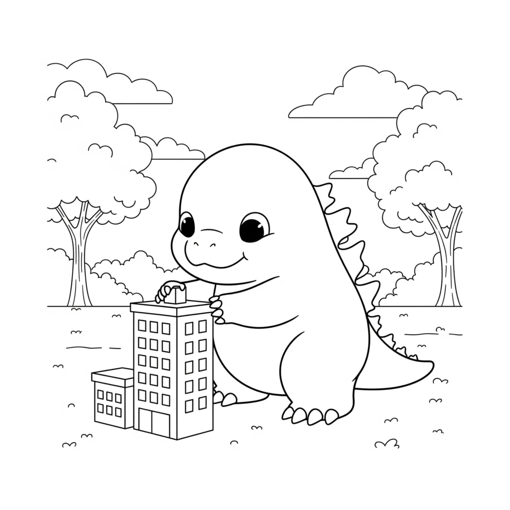 Godzilla Ausmalbilder (Kostenlos Malvorlage zum Ausdrucken) godzilla ausmalbild kinder mit baby godzilla motiv im cartoon stil perfekt zum ausdrucken und ausmalen geeignet