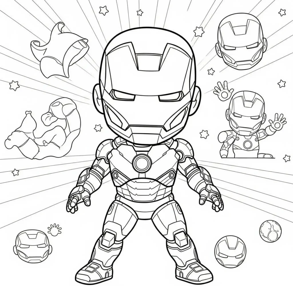 16 Iron Man Ausmalbilder (Superhelden Malvorlage zum drucken) Niedliches Ausmalbild von Baby Iron Man in Superheldenpose, perfekt zum Ausdrucken und Ausmalen für Kinder