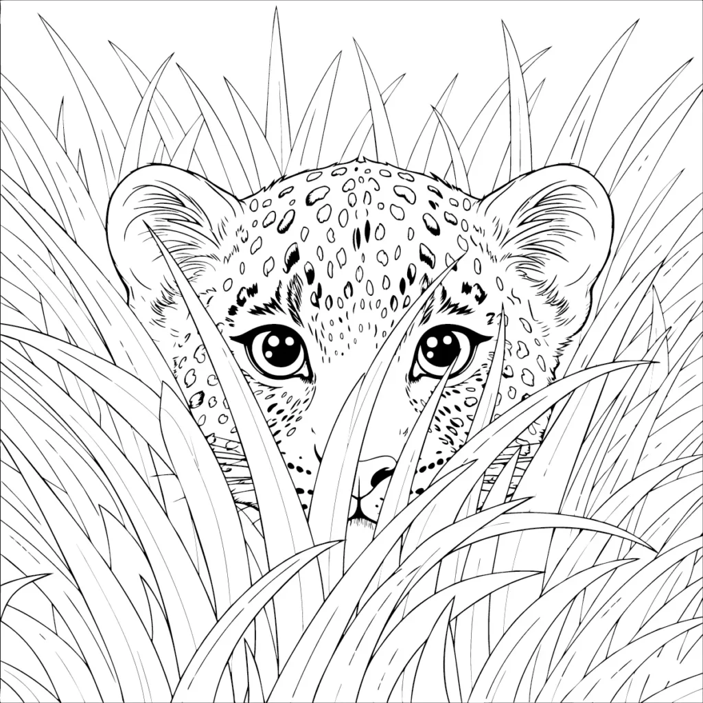 20 Dschungel Ausmalbilder (Gratis Malvorlage zum Ausdrucken) dschungel ausmalbilder für kinder mit einem süßen baby leopard der im hohen gras liegt. zum ausdrucken als pdf geeignet